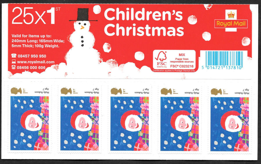 (image for) SG3551 2013 Children's Christmas 1st class complete sheet of 25